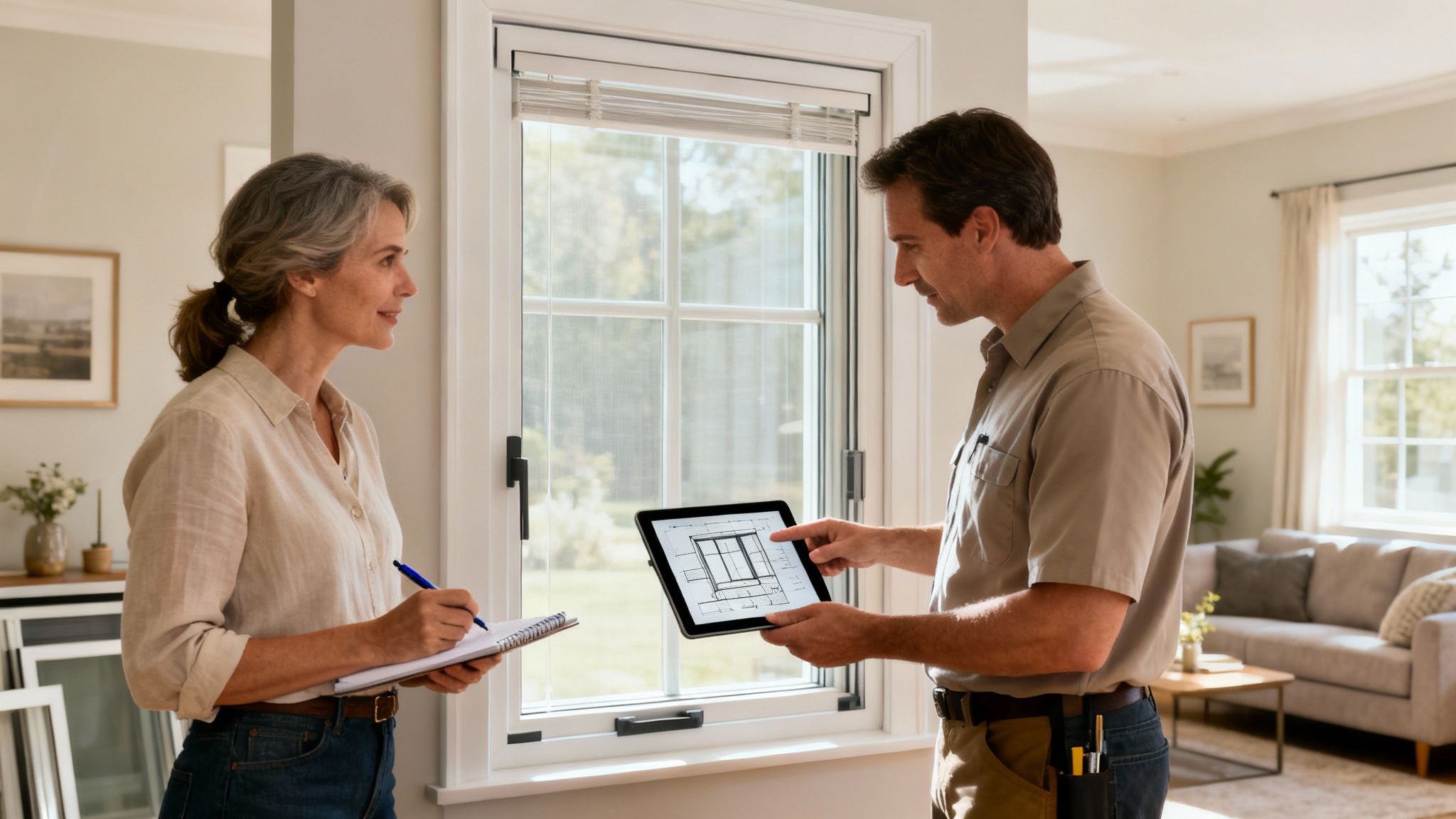 A window contractor shows detailed plans on a tablet to a woman taking notes indoors.