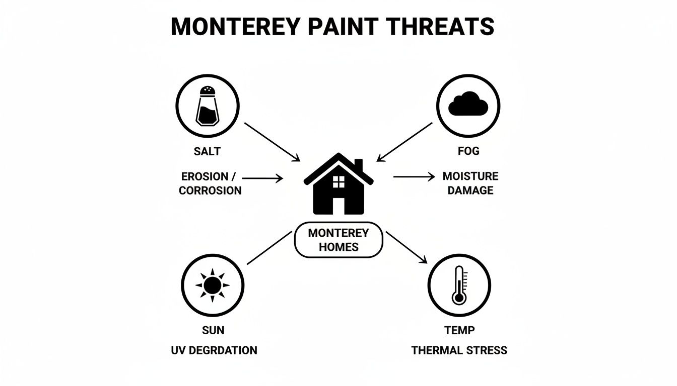 Diagram illustrating how salt, fog, sun, and temperature cause paint damage to Monterey homes.