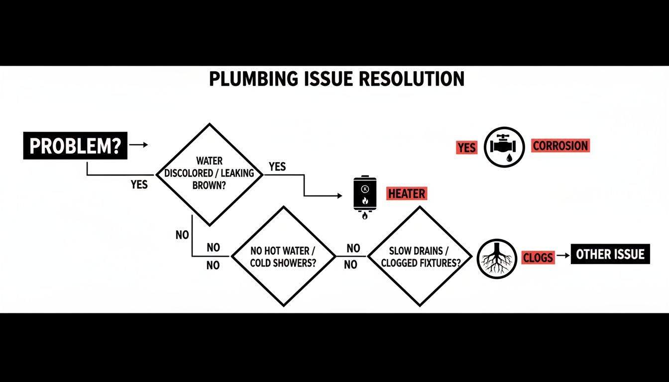 Is Your Old Plumbing Ready for 2025? A Salinas Homeowner's Guide 1 Flowchart diagram outlining plumbing issue resolution, diagnosing common problems like corrosion, heater malfunctions, and clogs.