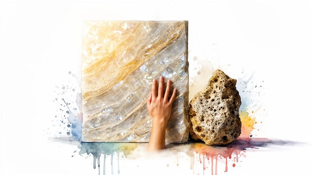 A hand touches a shimmering, polished stone slab next to a rough, porous rock with watercolor art.
