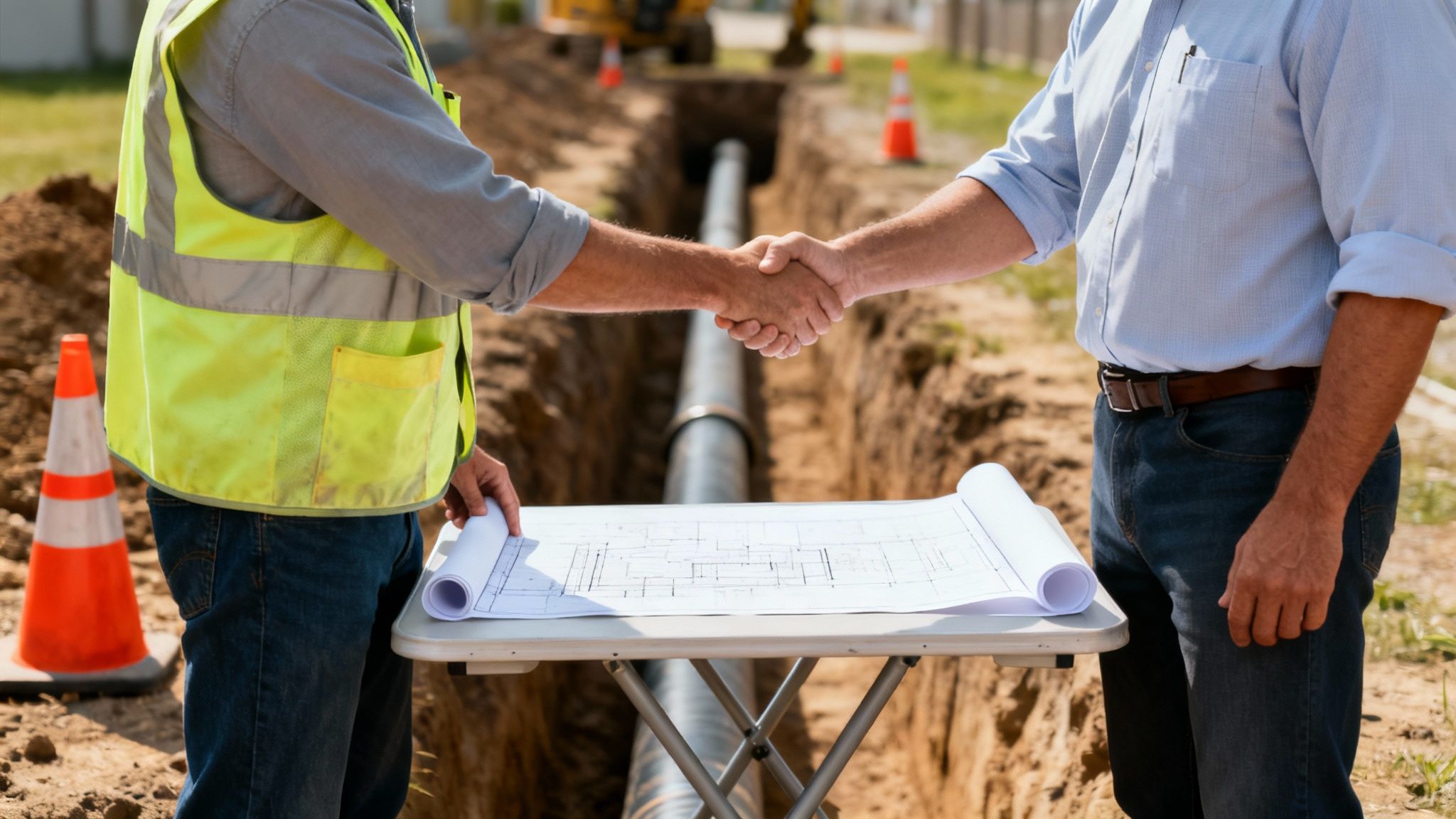 Two construction professionals shake hands over blueprints at a water main project site, signifying an agreement.
