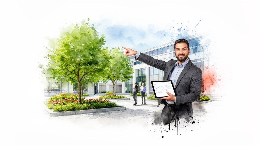 Man in suit points to modern building with green landscaping, holding a tablet with charts.