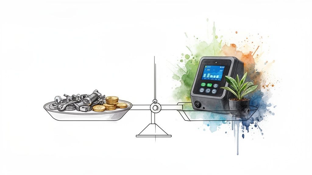 A balancing scale comparing old metal irrigation parts and money to a modern controller and plant.