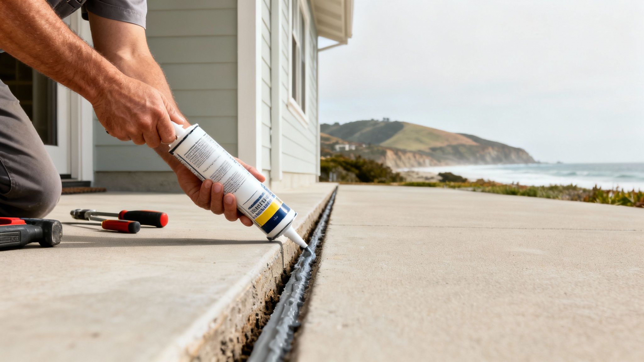 A person is applying caulk to a concrete expansion joint with a coastal background.