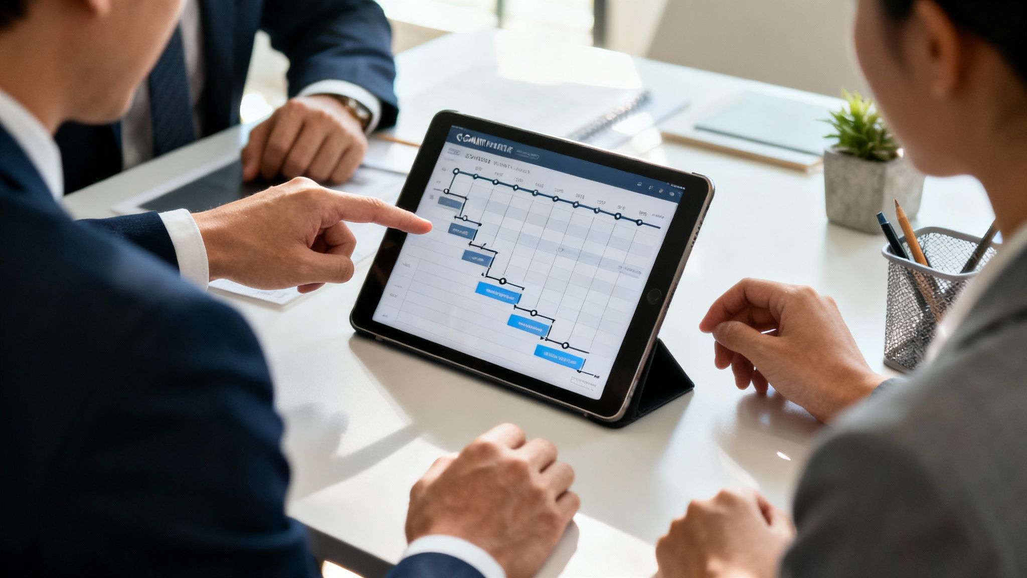 Business professionals collaborating on a project timeline displayed on a tablet during a meeting.