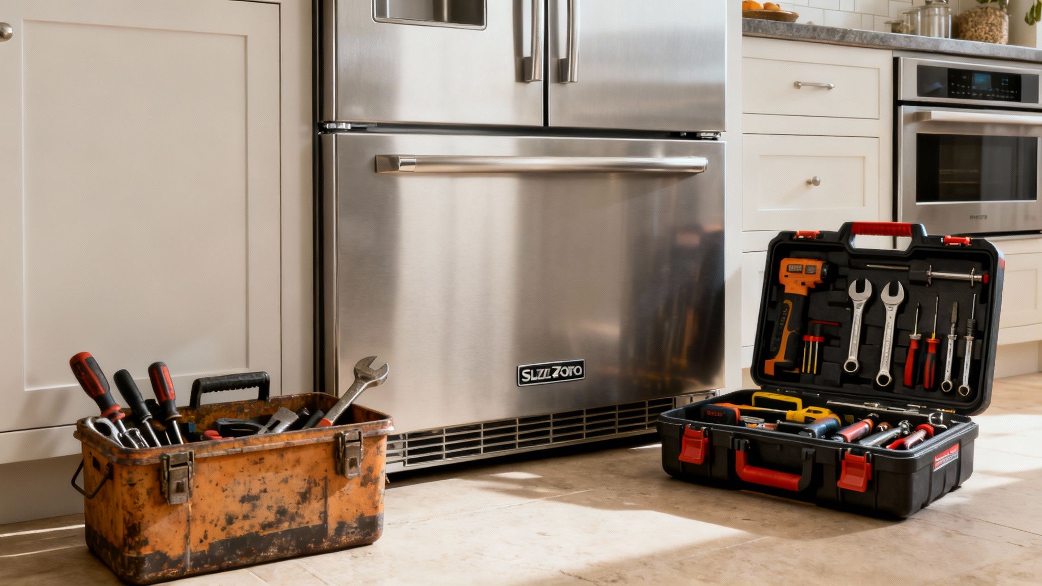 Two toolboxes, one rusty and one organized, filled with tools in a modern kitchen.