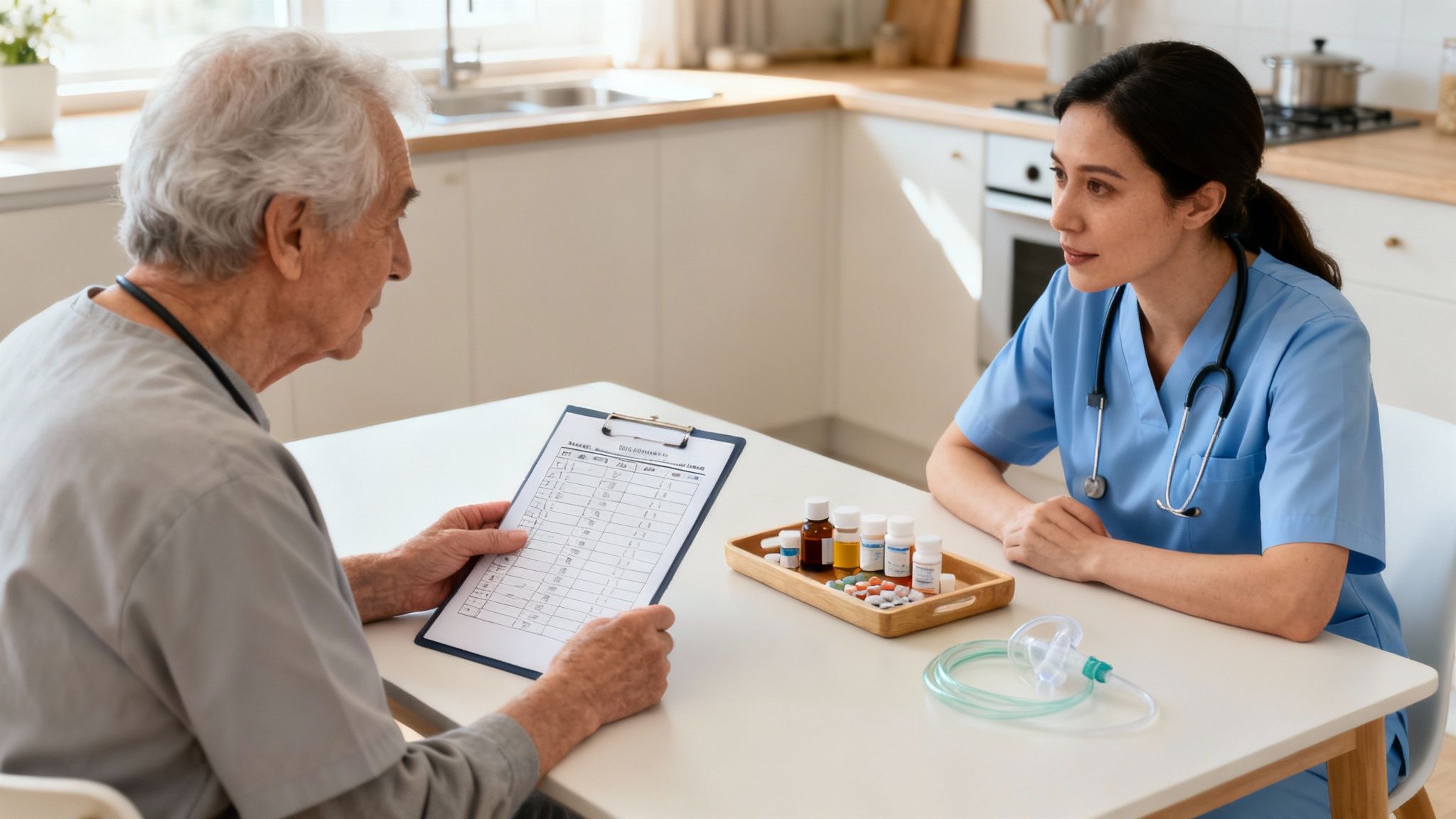 An elderly man consults with a female nurse or doctor, reviewing documents with medication on the table.