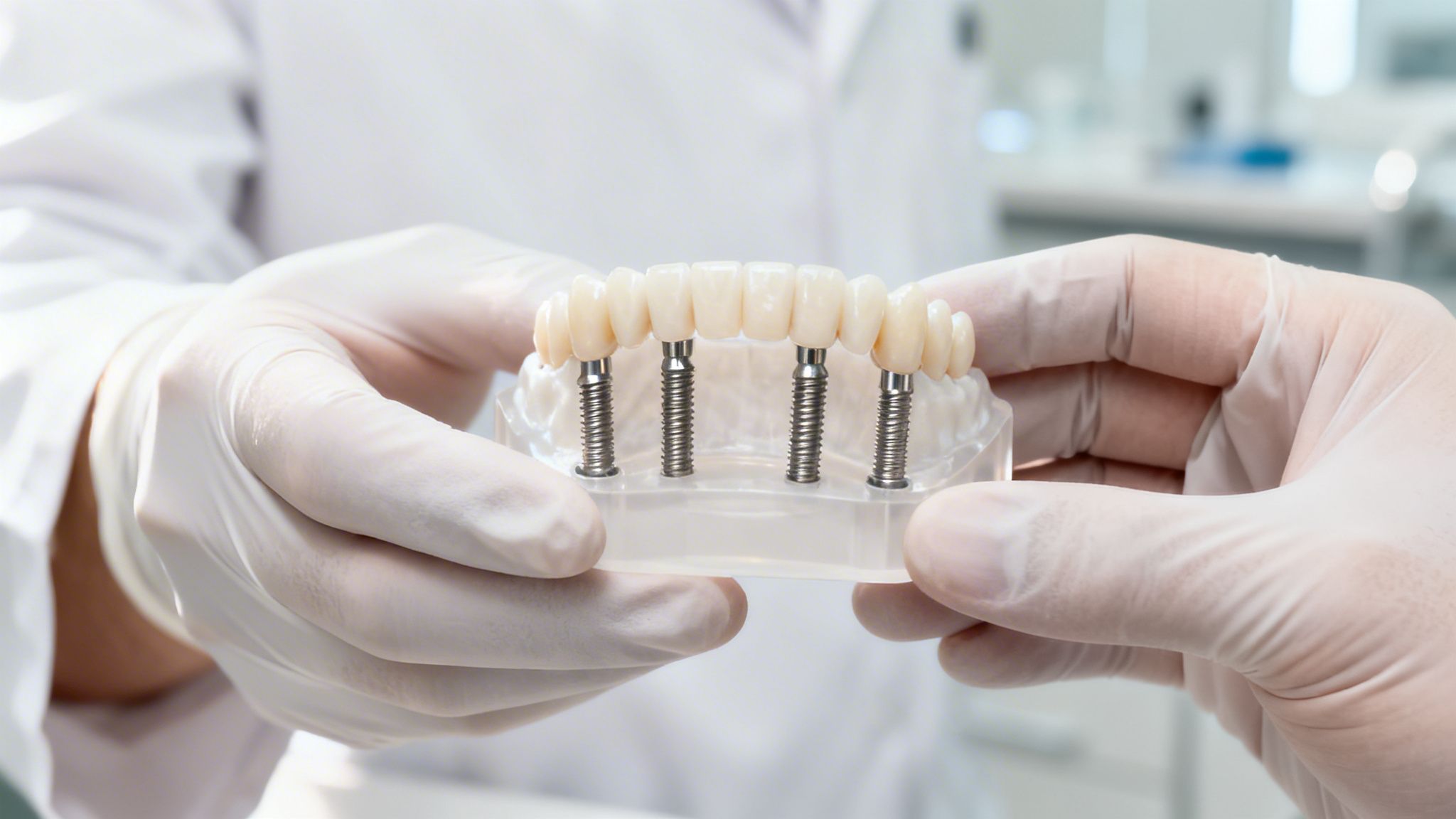 A person in white gloves holds a dental model demonstrating a full arch all-on-4 implant bridge.