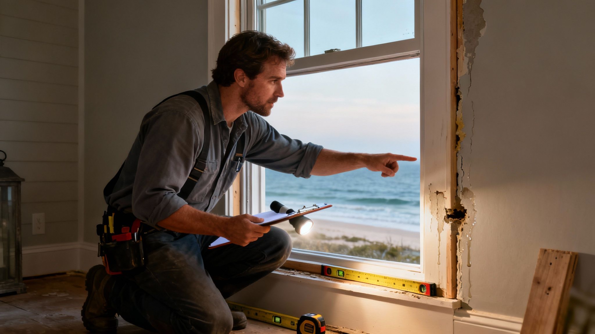 A professional contractor inspects a damaged window frame, pointing towards the beach and ocean view.