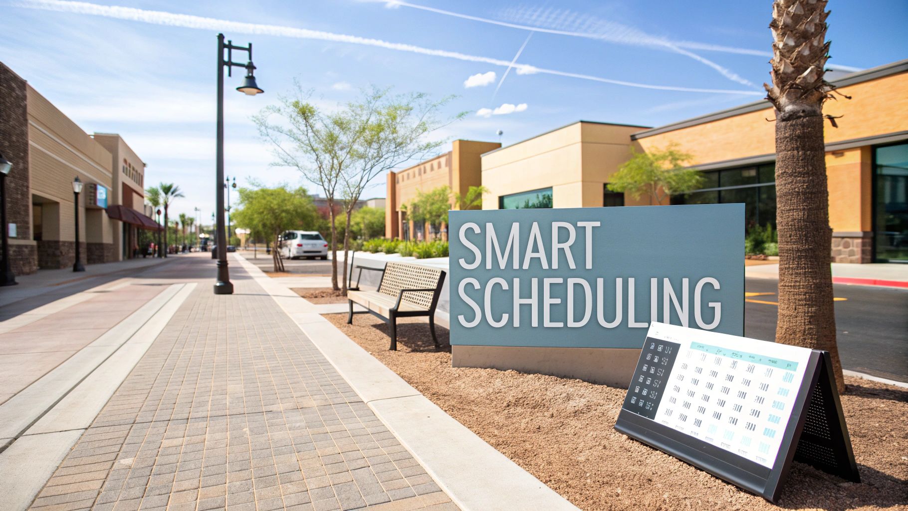 A commercial street with modern buildings, trees, and a prominent sign for 'SMART SCHEDULING' next to a calendar display.