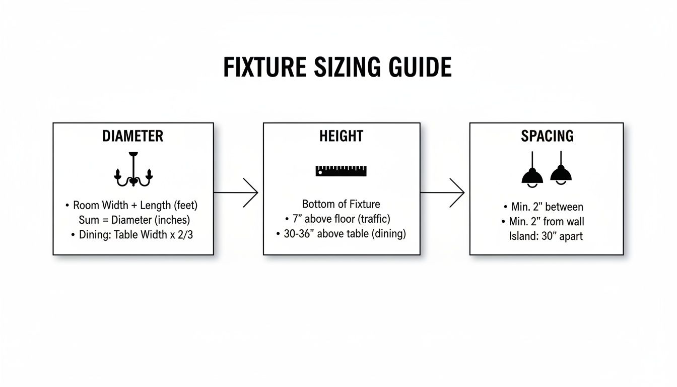 A fixture sizing guide illustrating recommendations for light fixture diameter, height, and spacing.