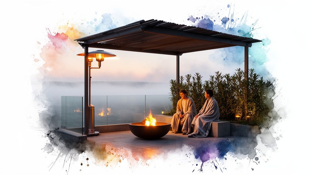 Two people enjoy a cozy outdoor living space with a fire pit, patio heater, and misty coastal view.