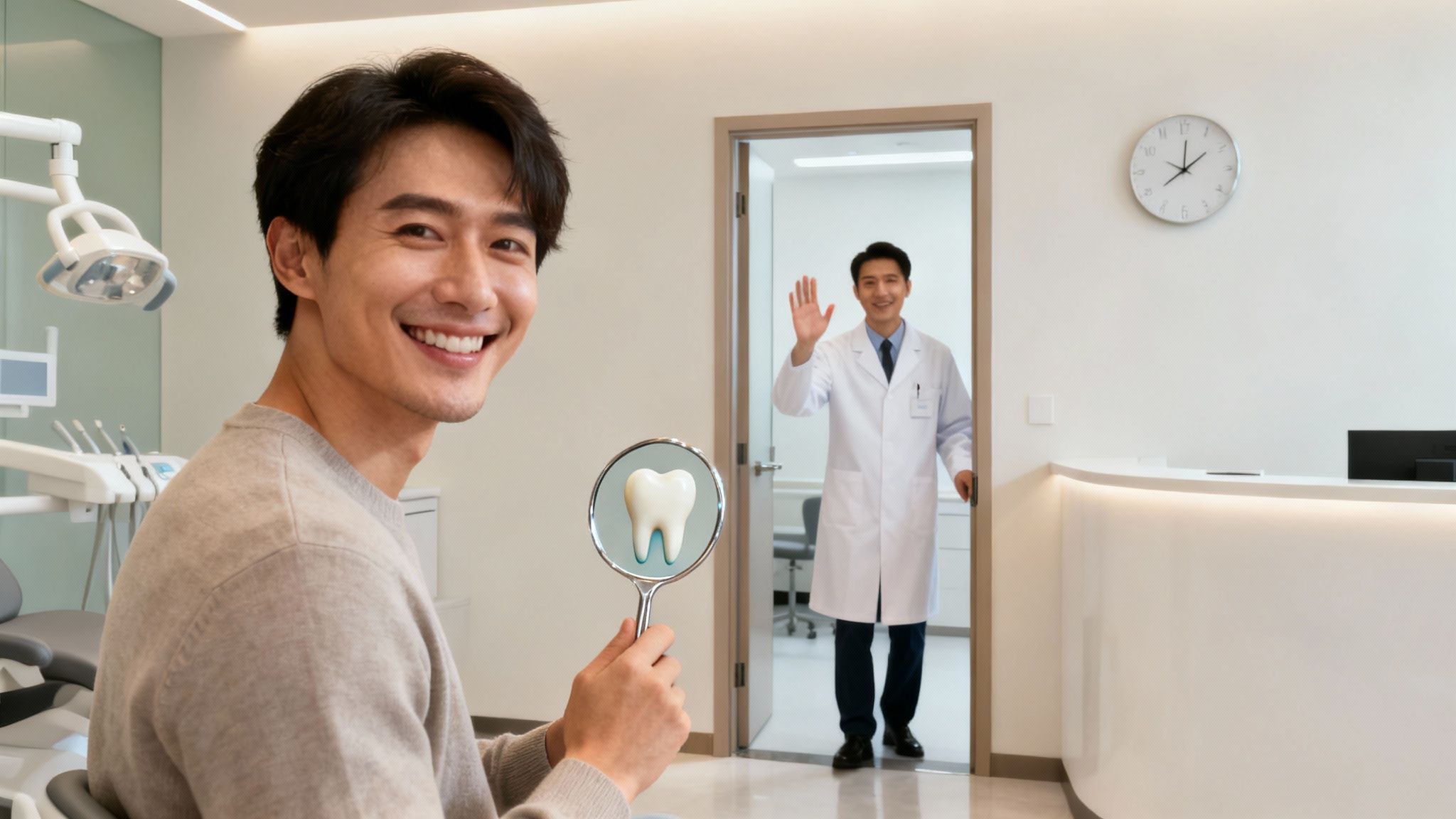 A happy patient holds a dental mirror with a healthy tooth, while a friendly dentist waves from a doorway in a modern clinic.