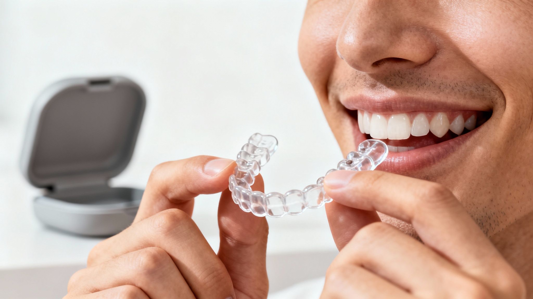 Close-up of a smiling person holding clear dental aligners, preparing to put them on.