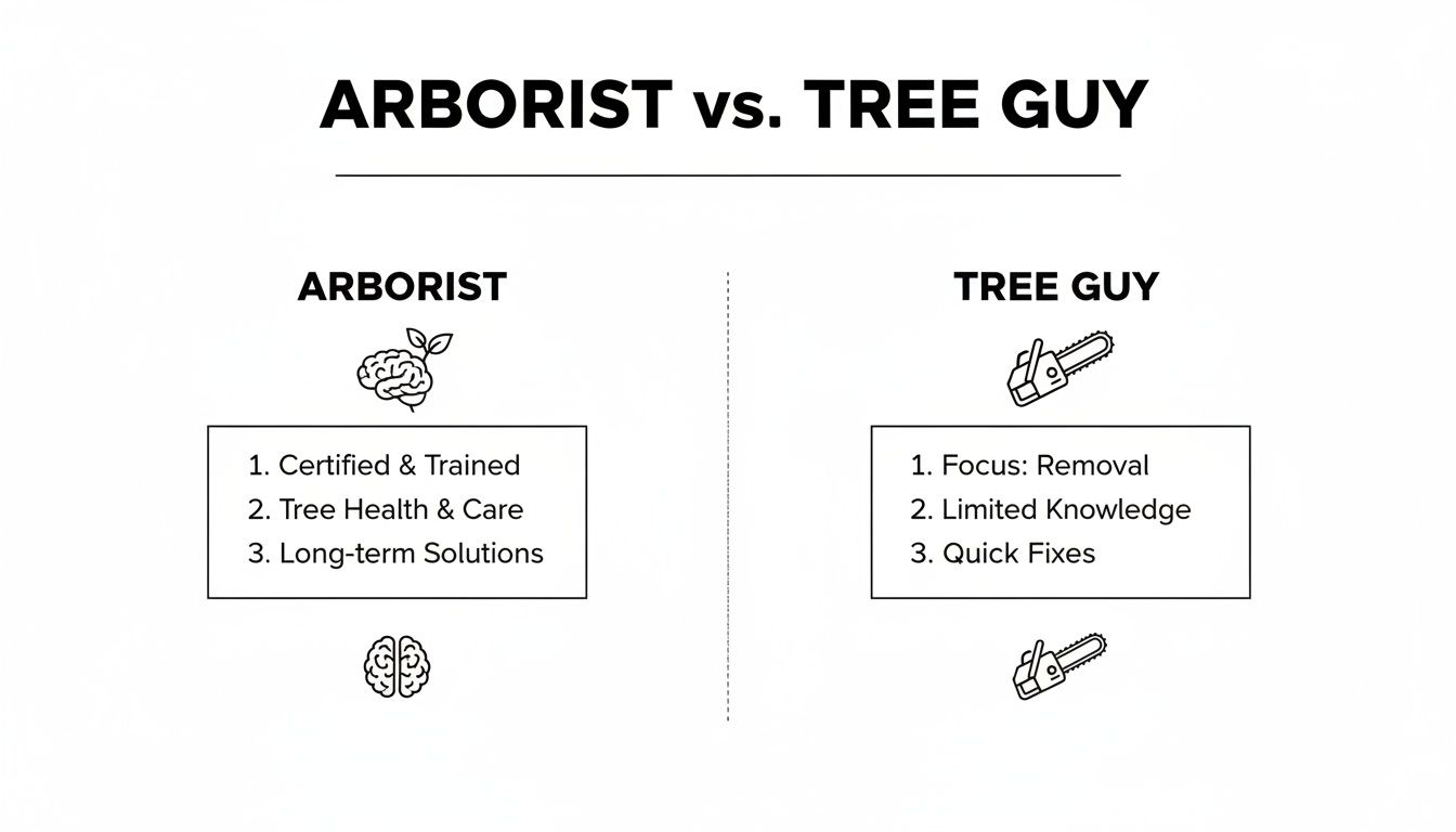 Comparison chart distinguishing an arborist's certified expertise in tree health from a tree guy's removal focus.