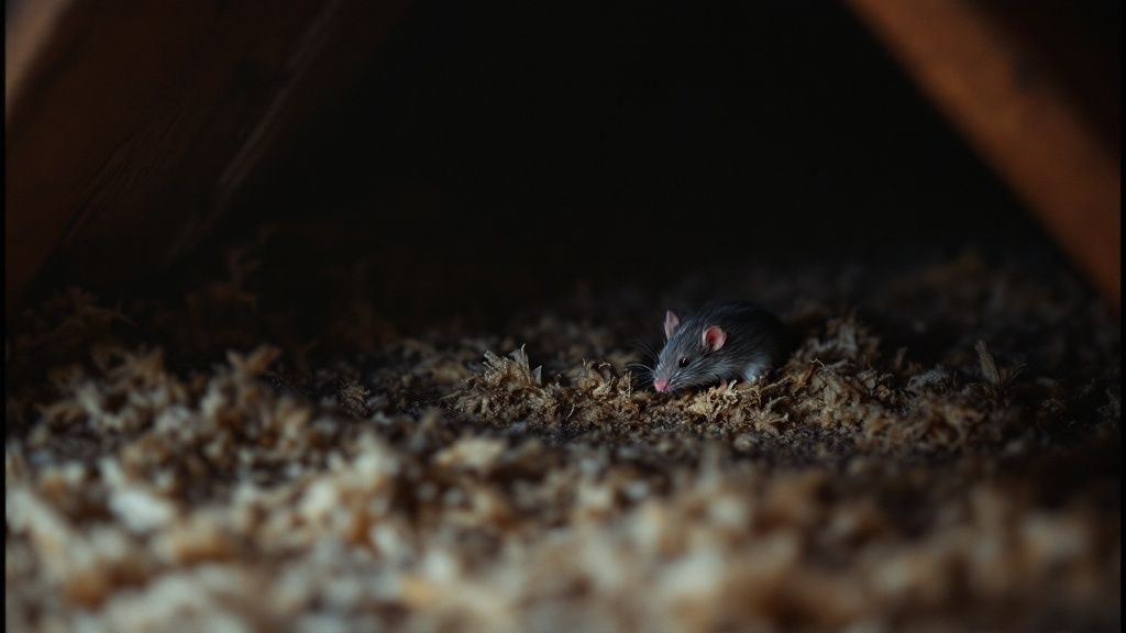 A cluttered attic with exposed insulation, cardboard boxes, and various stored items, creating an ideal nesting environment for rats.