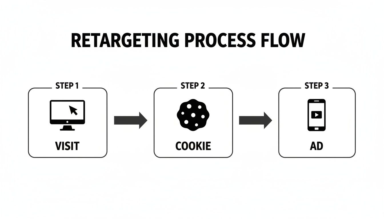 A retargeting process flow diagram illustrating a website visit, cookie placement, and subsequent ad display on a mobile phone.