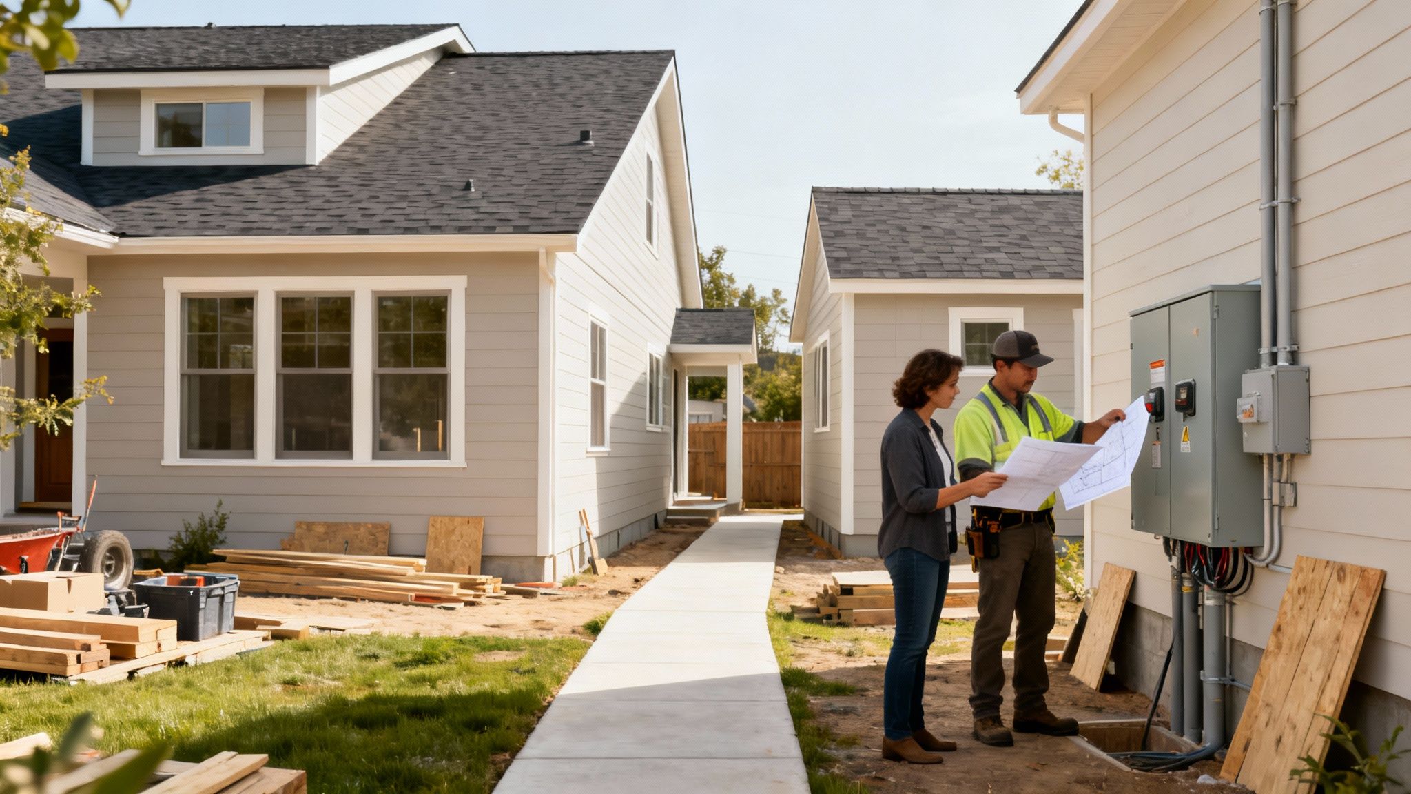 A contractor and a woman review blueprints at a residential construction site with new homes.