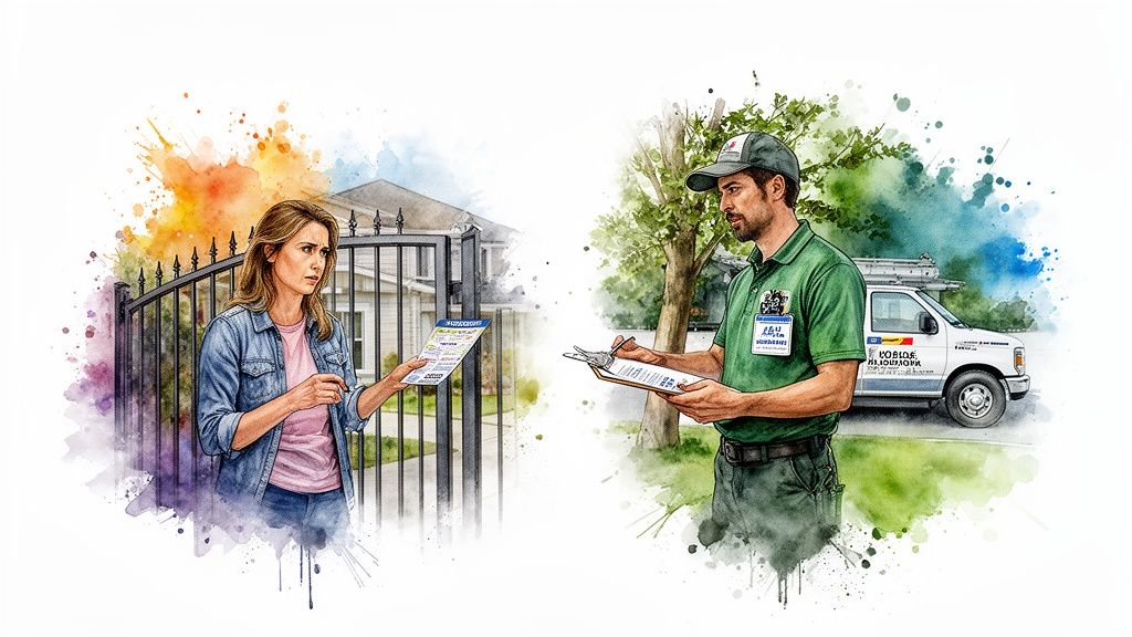 A concerned woman at a gate receives information from a male service worker with a clipboard.