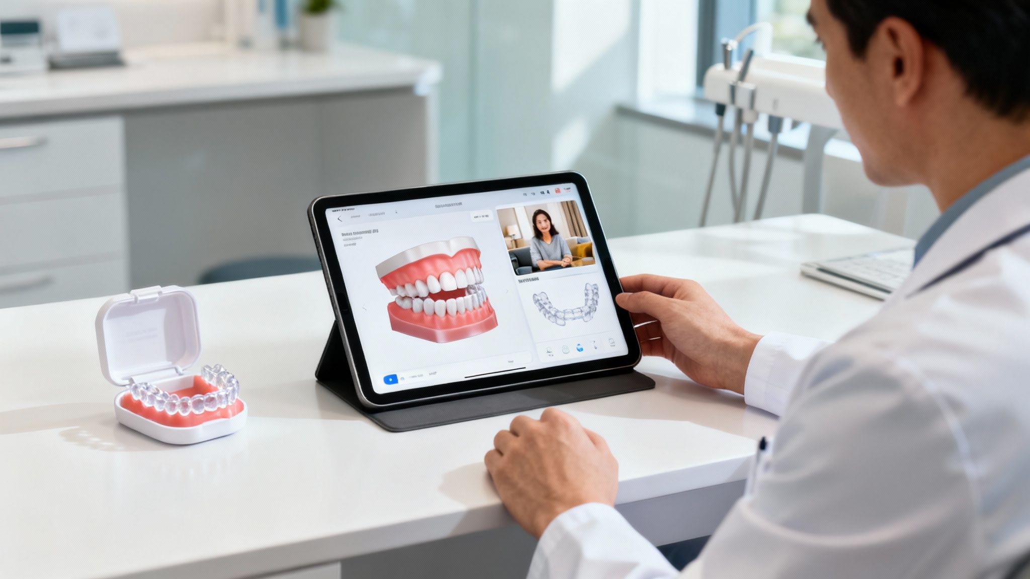 Dentist uses tablet to review 3D teeth models, clear aligners, and consults patient virtually.