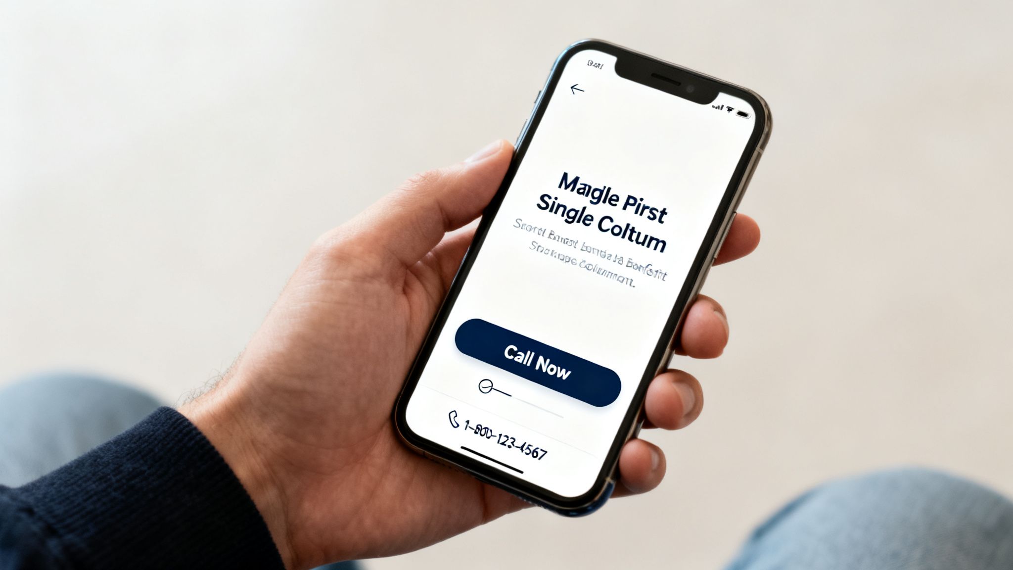A hand holds a smartphone displaying a mobile landing page with a 'Call Now' button and phone number.