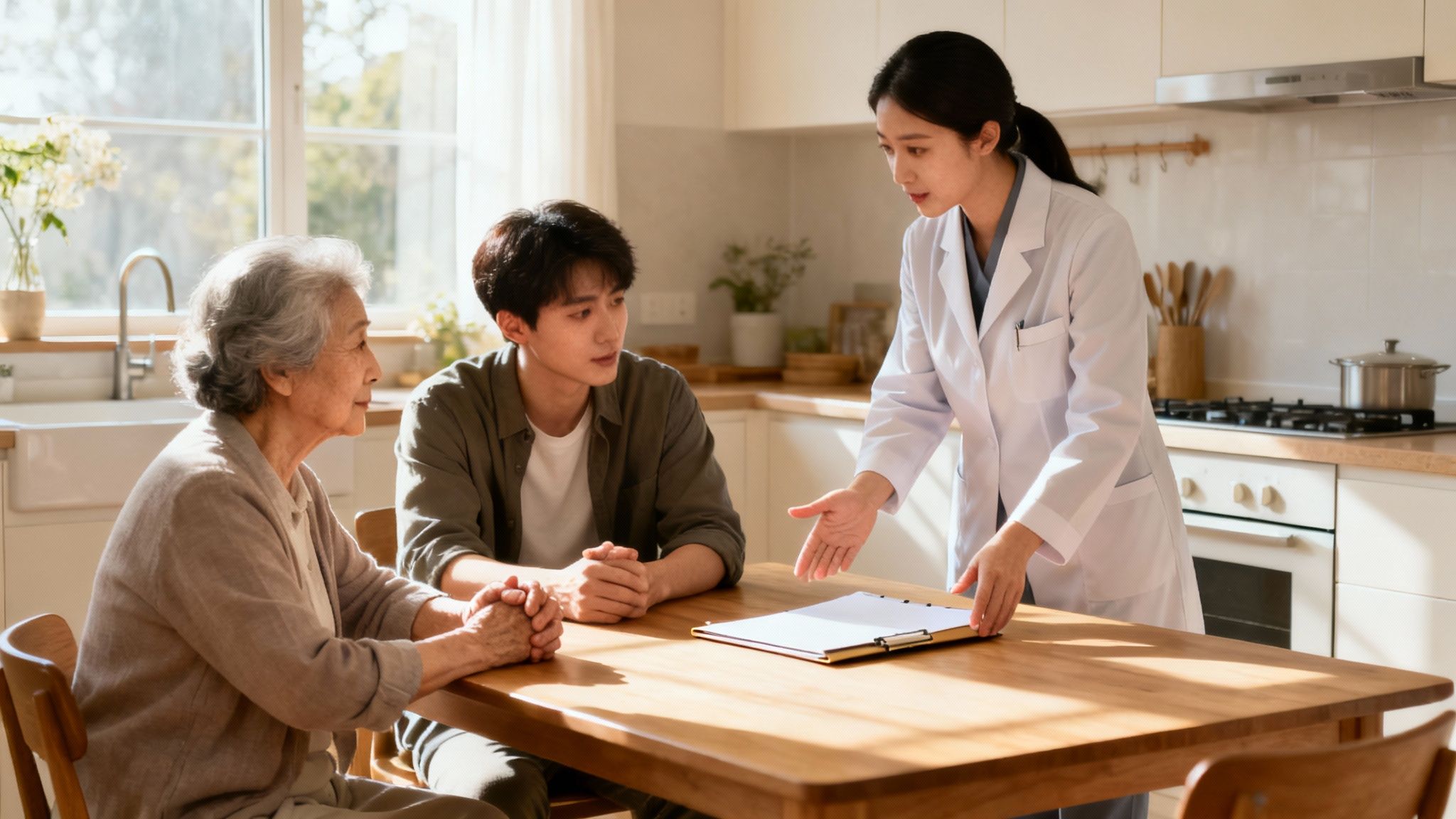 A healthcare professional explains documents to an elderly woman and a young man in a sunny kitchen.