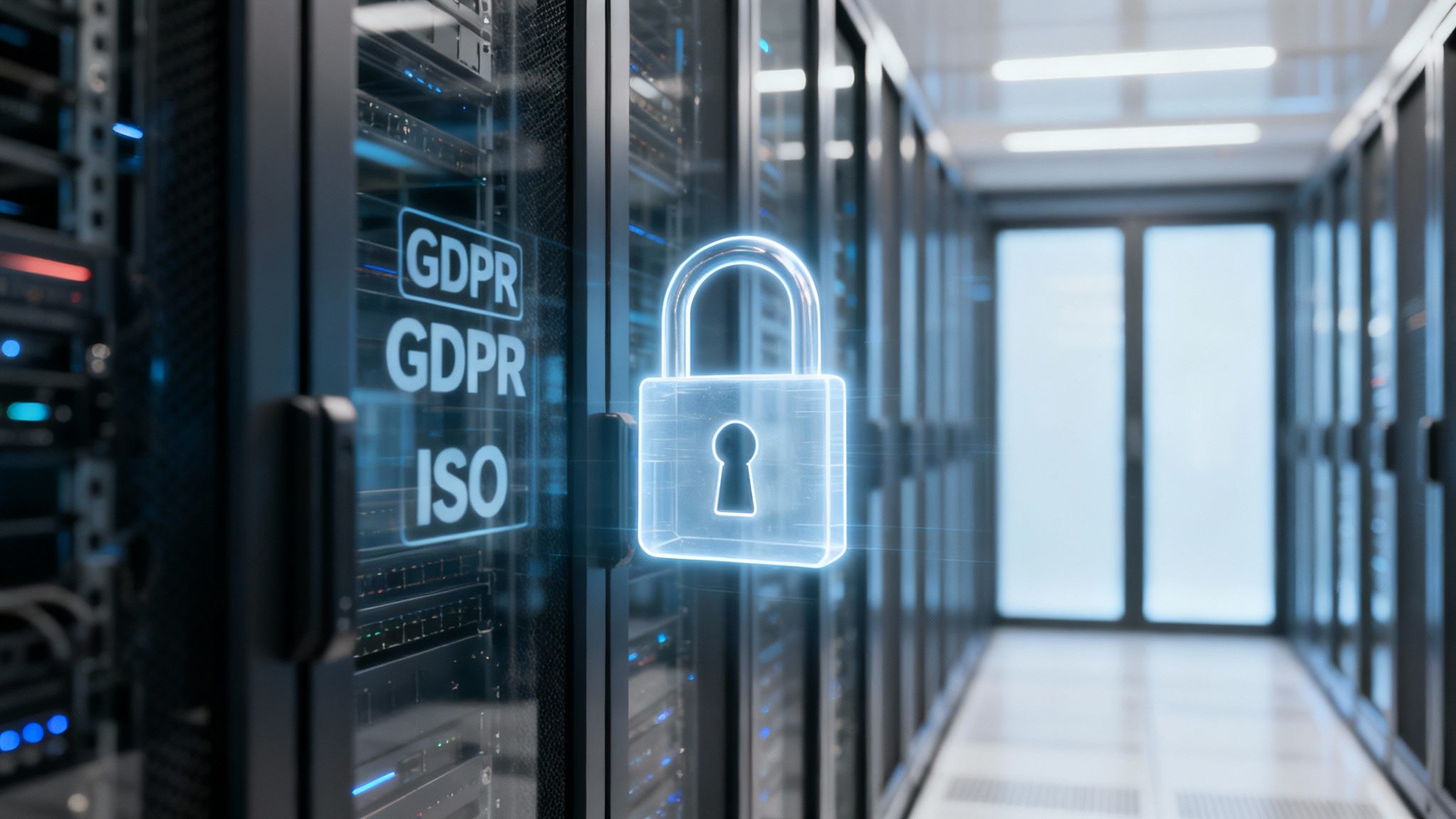 A glowing blue padlock icon on server racks with GDPR and ISO compliance text in a data center.