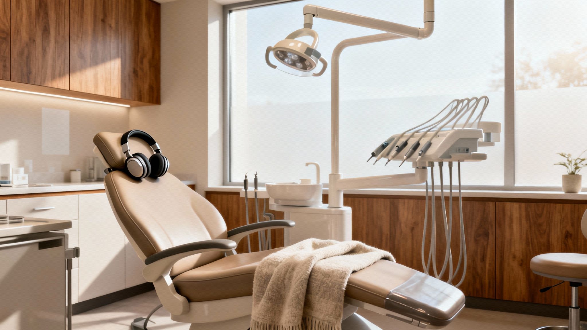 A bright and modern dental office interior with a beige chair, equipment, and large window.