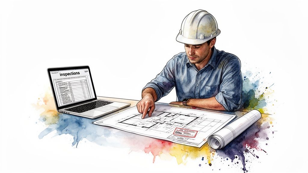 A construction worker in a hard hat points at blueprints while looking at a laptop with 'inspections' displayed.