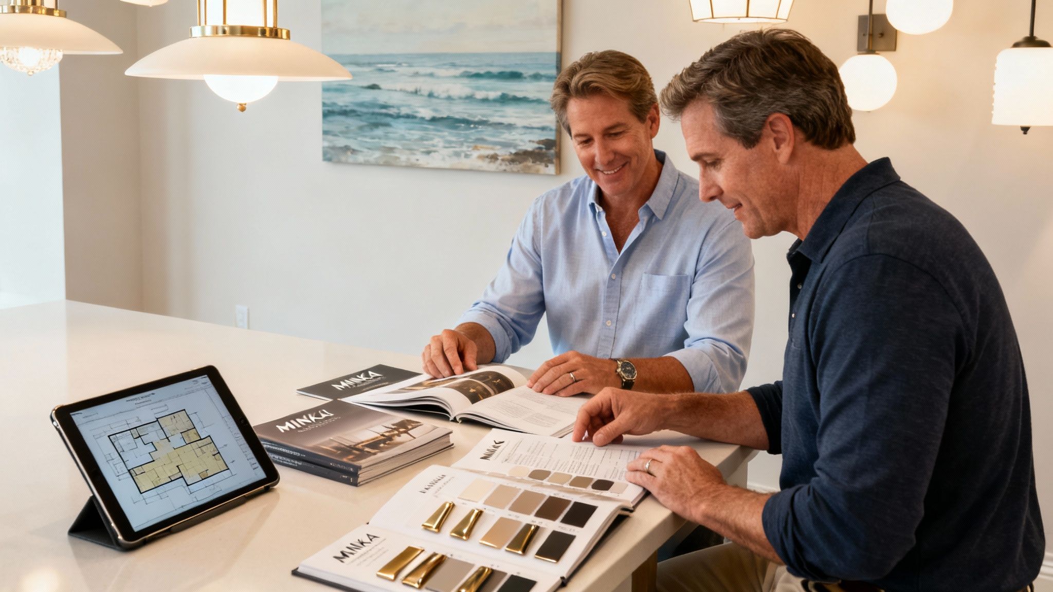 Two smiling men discuss home lighting and design with Minka catalogs and a tablet.