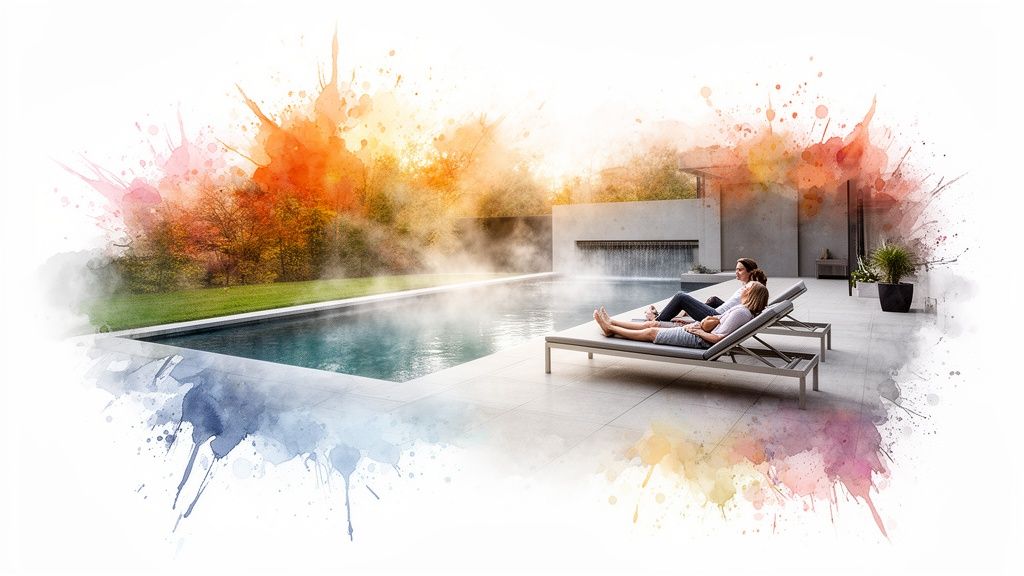 A vibrant watercolor image of two women relaxing by a steamy modern pool amidst autumn foliage.