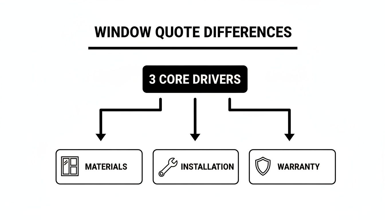 A diagram illustrating the three core drivers for window quote differences: materials, installation, and warranty.