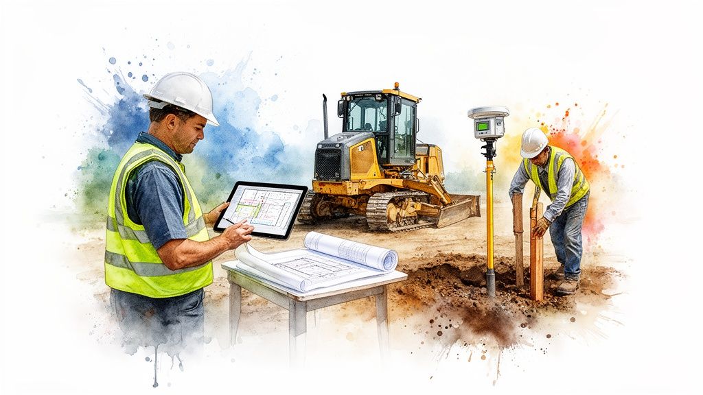 Construction workers use digital plans and surveying tools on a job site with a bulldozer.