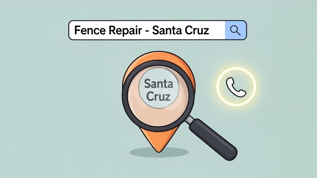 Search for fence repair in Santa Cruz, indicated by a magnifying glass over a map pin and a glowing phone icon.