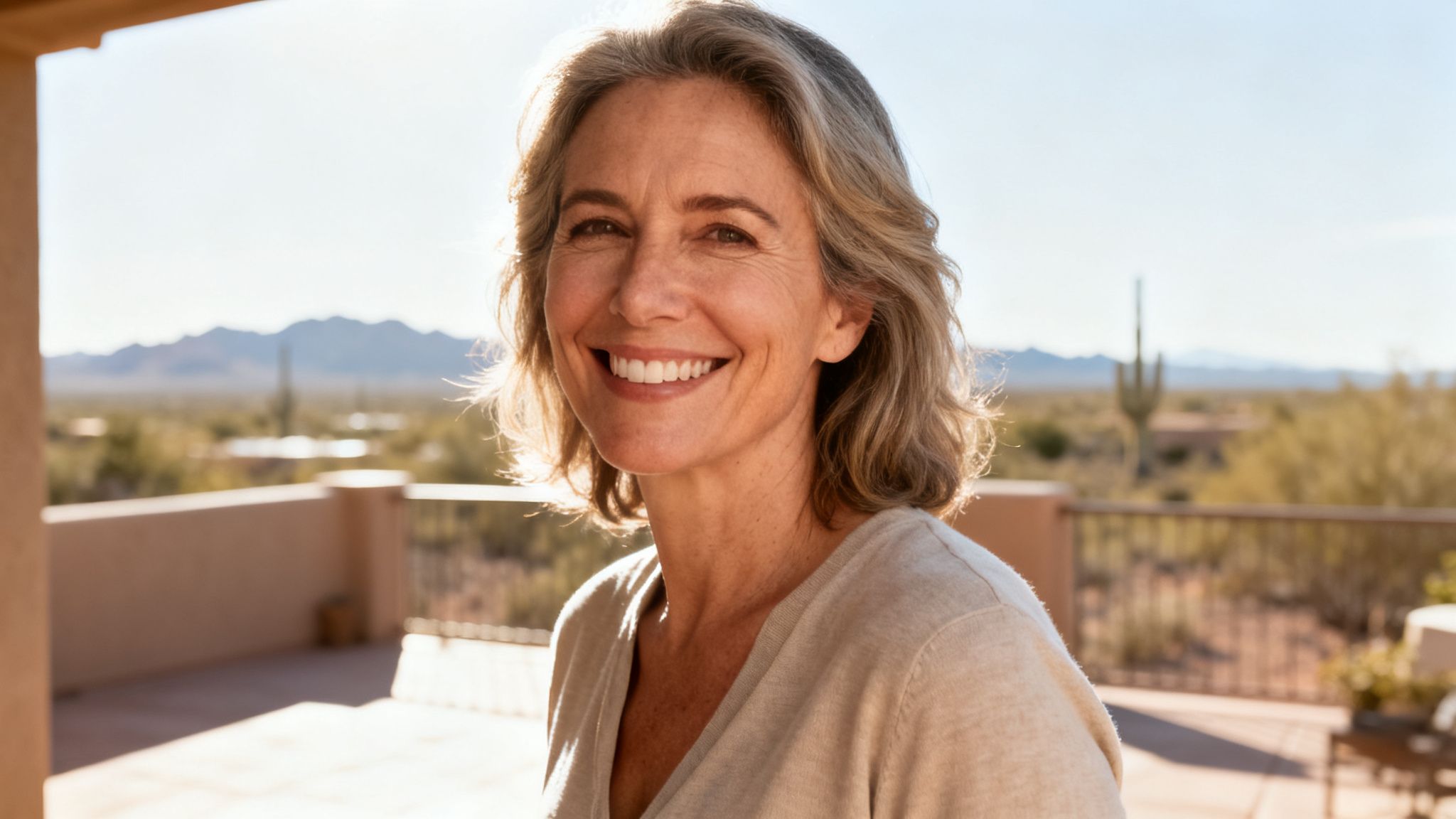 Close-up of a happy woman with grey hair on a sunny balcony in a desert setting.
