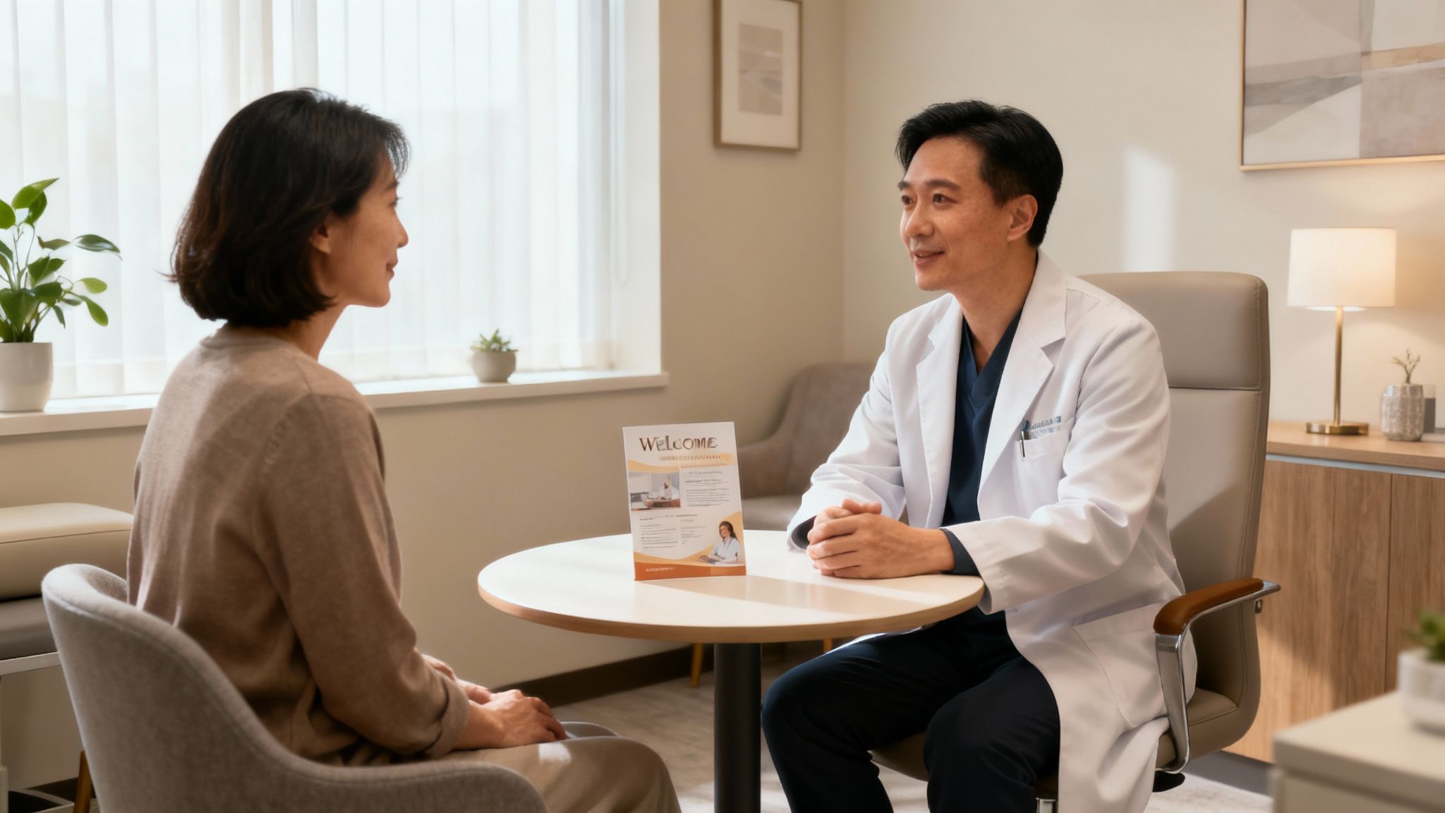 Dentist in white coat consulting with female patient in modern, calming dental office