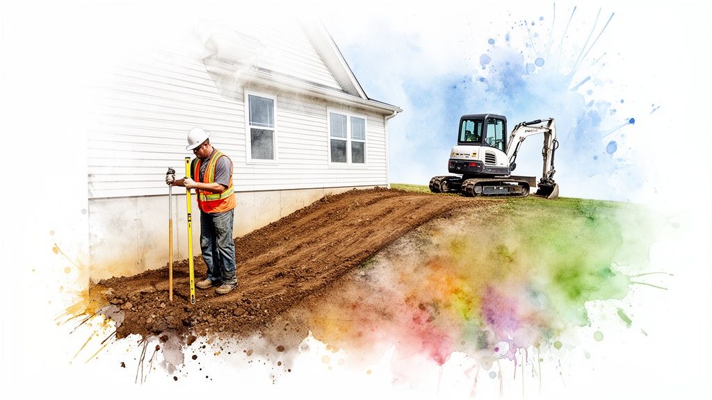 A construction worker uses surveying tools to grade soil near a house foundation, with an excavator nearby.