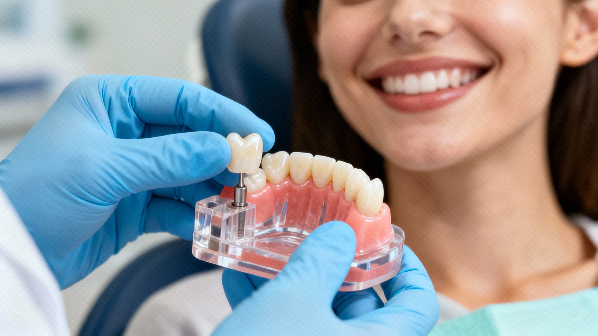 A detailed view of a dental professional showing a senior patient a model of a dental implant.