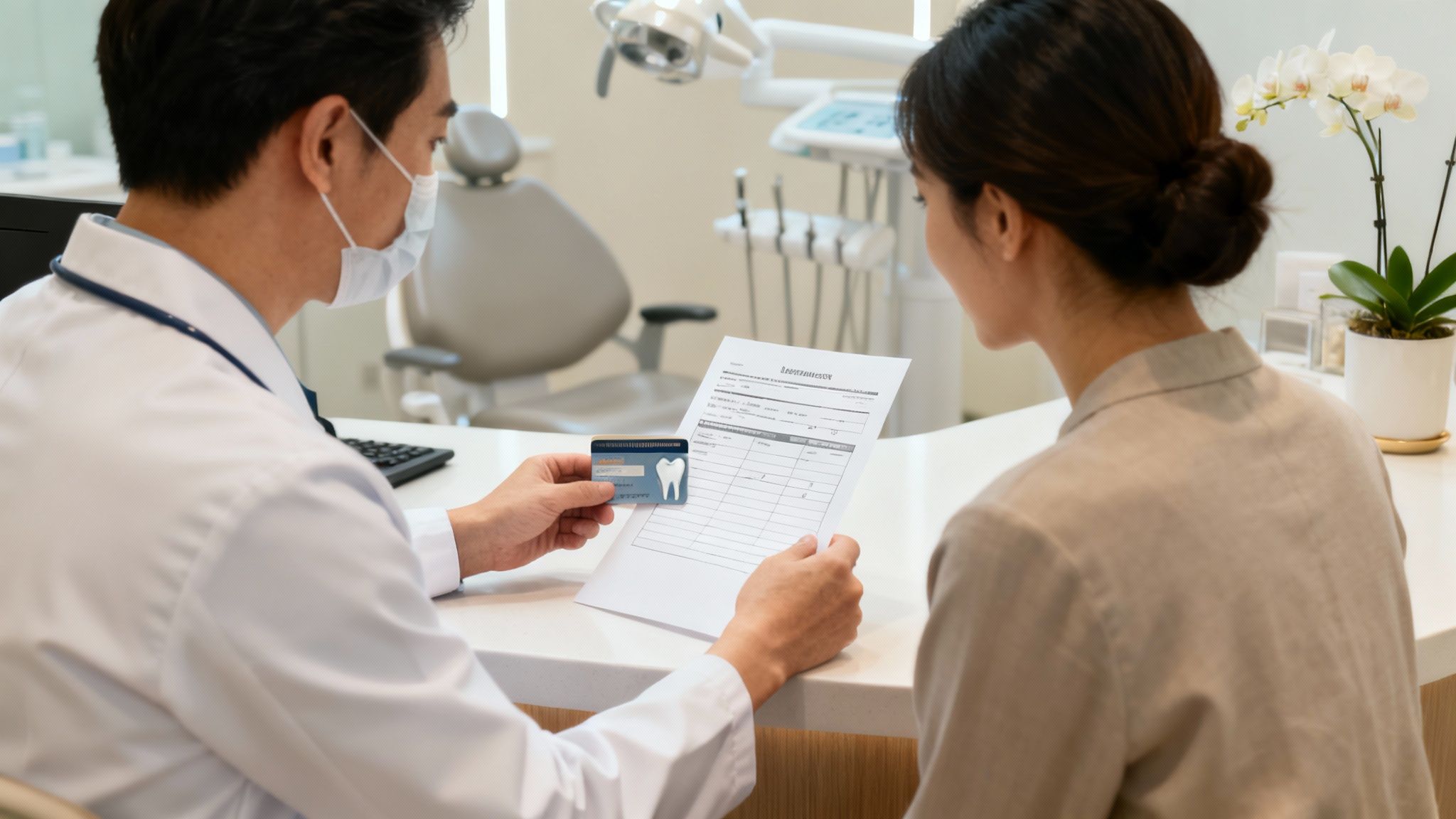 Dentist in a mask shows a dental insurance card and patient form to a patient in a clinic.