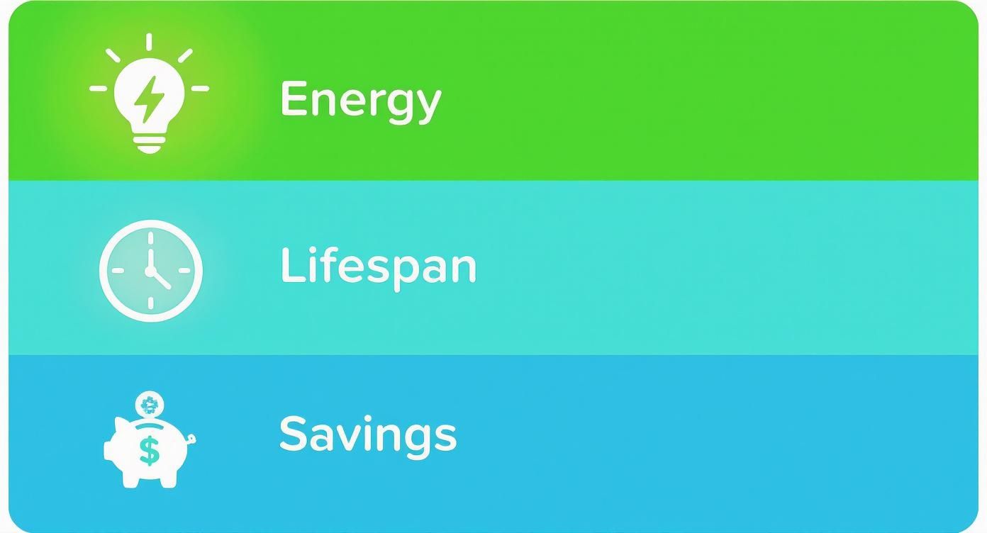 Infographic showing product benefits: energy efficiency (lightbulb), lifespan (clock), and savings (piggy bank).