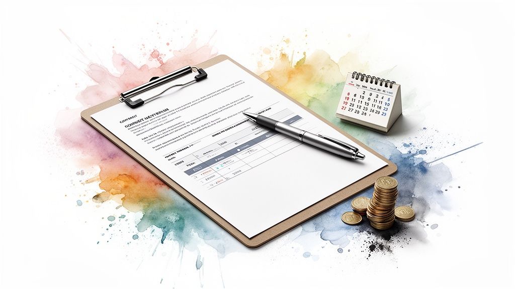 Financial planning concept with a document, pen, calendar, and stacked gold coins on a colorful background.