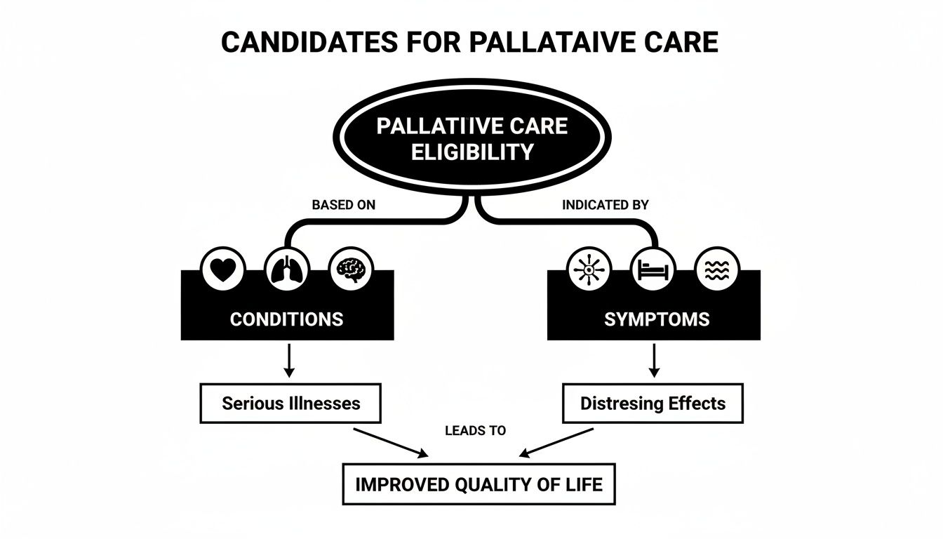 Flowchart on palliative care eligibility, showing conditions and symptoms leading to improved quality of life.
