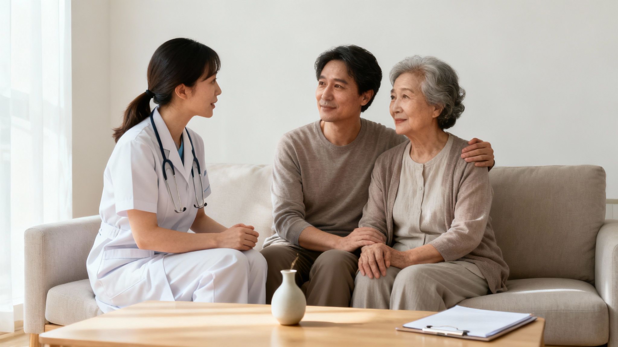 A compassionate healthcare professional sits with an elderly patient and her family member, discussing a care plan in a comfortable home setting.