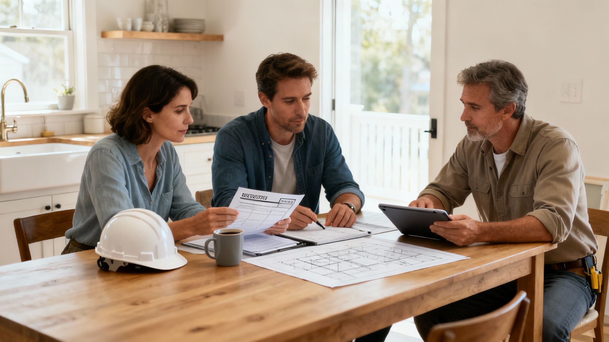 Couple reviewing renovation plans with contractor at kitchen table discussing home remodeling project