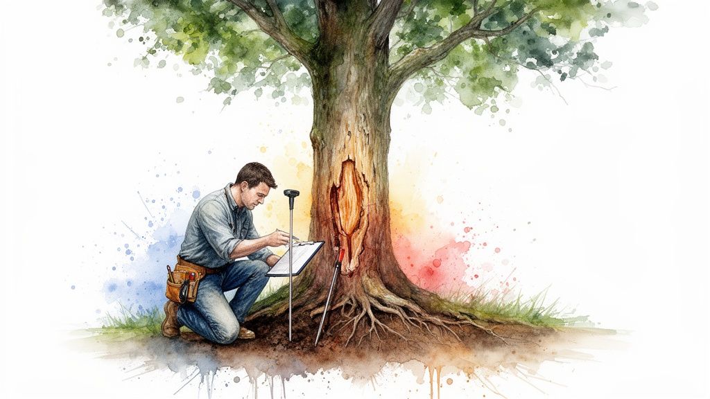 An arborist kneels, inspecting a tree with a large cavity, documenting its health on a clipboard.