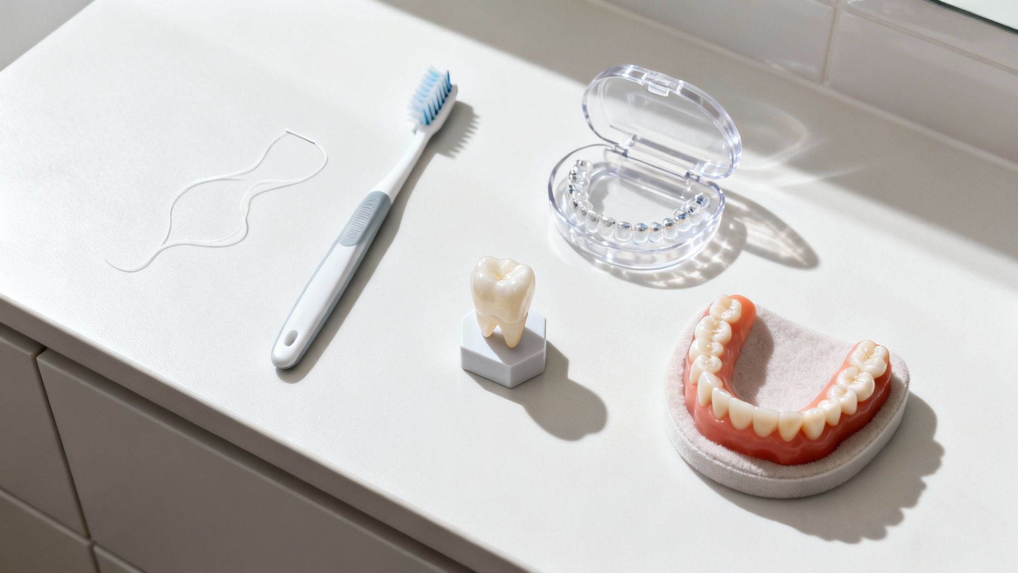 A collection of dental hygiene tools and models, including a toothbrush, floss, aligners, and dentures.