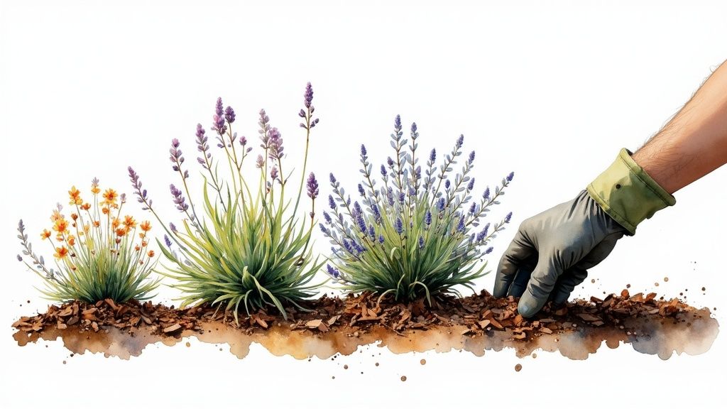 Hand in glove planting drought-resistant lavender flowers in mulched garden bed for water conservation