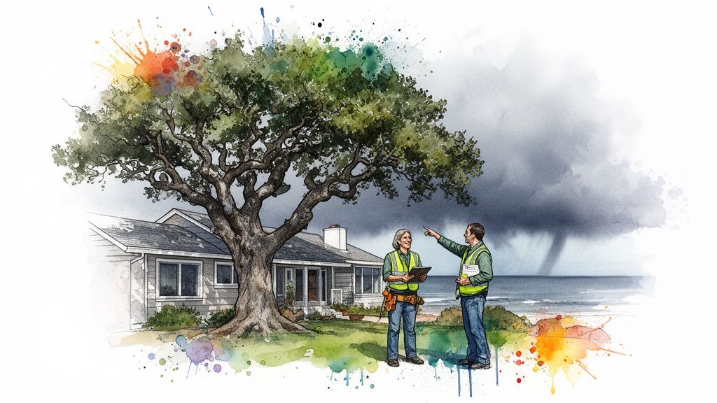 Two workers in vests discuss storm damage near a house with a large tree and a distant tornado.