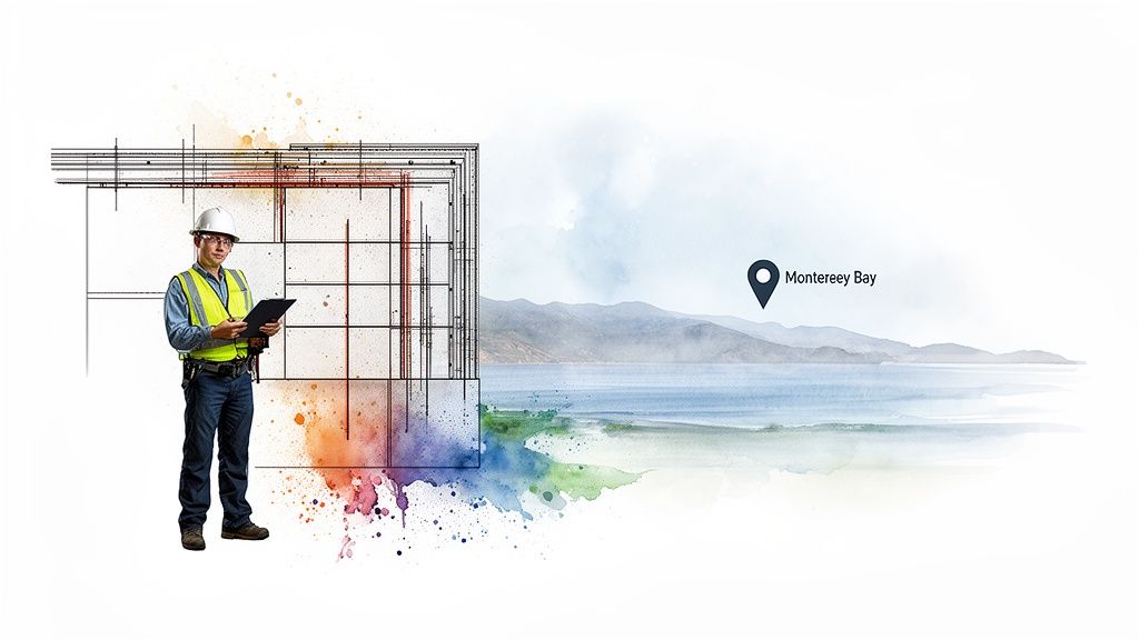 A construction worker with plans stands beside a building blueprint and watercolor Monterey Bay.
