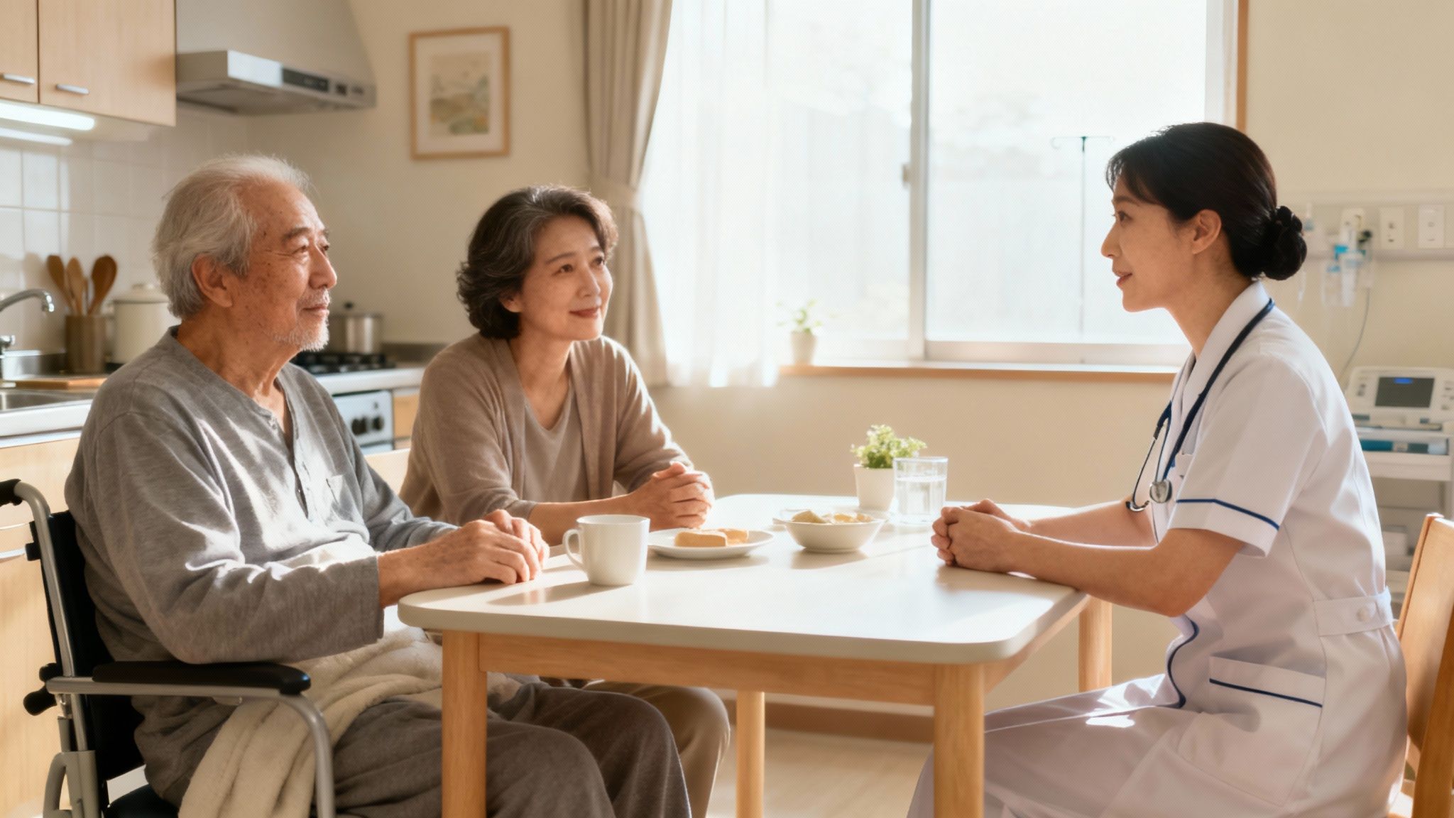 A compassionate healthcare provider sits with an elderly patient in a sunlit room, discussing a care plan with warmth and understanding.